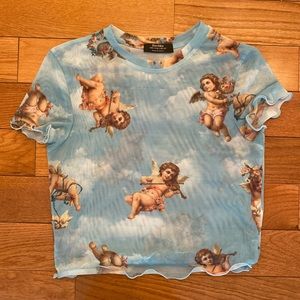 Mesh Light Blue Angel Print Top